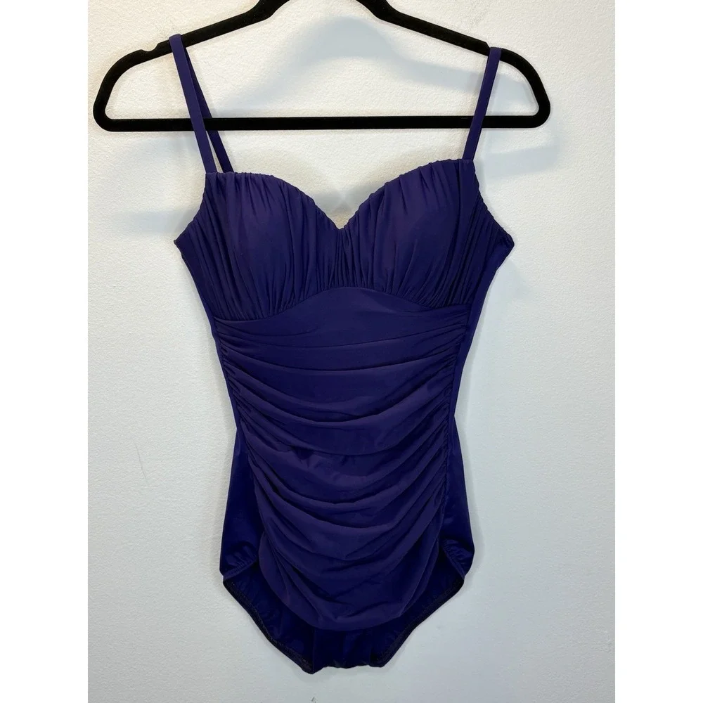 Miraclesuit Swimsuit Size 8 One Piece Purple Azule Ruched Slimming Sweetheart